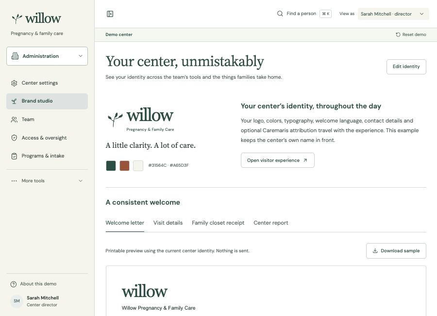 Willow’s own green identity in the Caremaris Brand studio