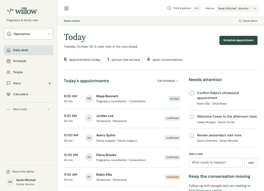 Willow Daily desk showing appointments, follow-ups, and the team's work.