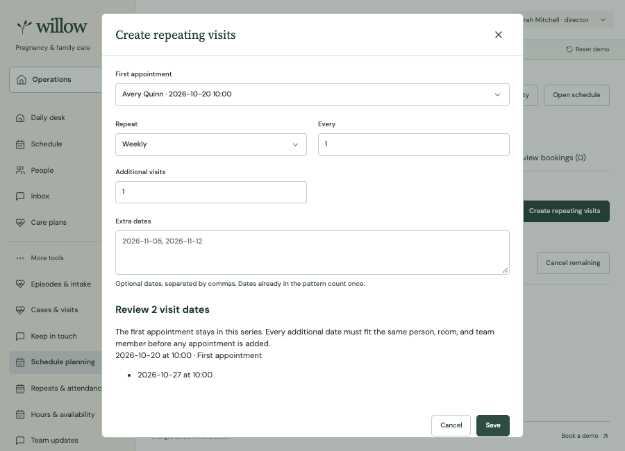 Willow repeat appointment review with proposed dates before saving.