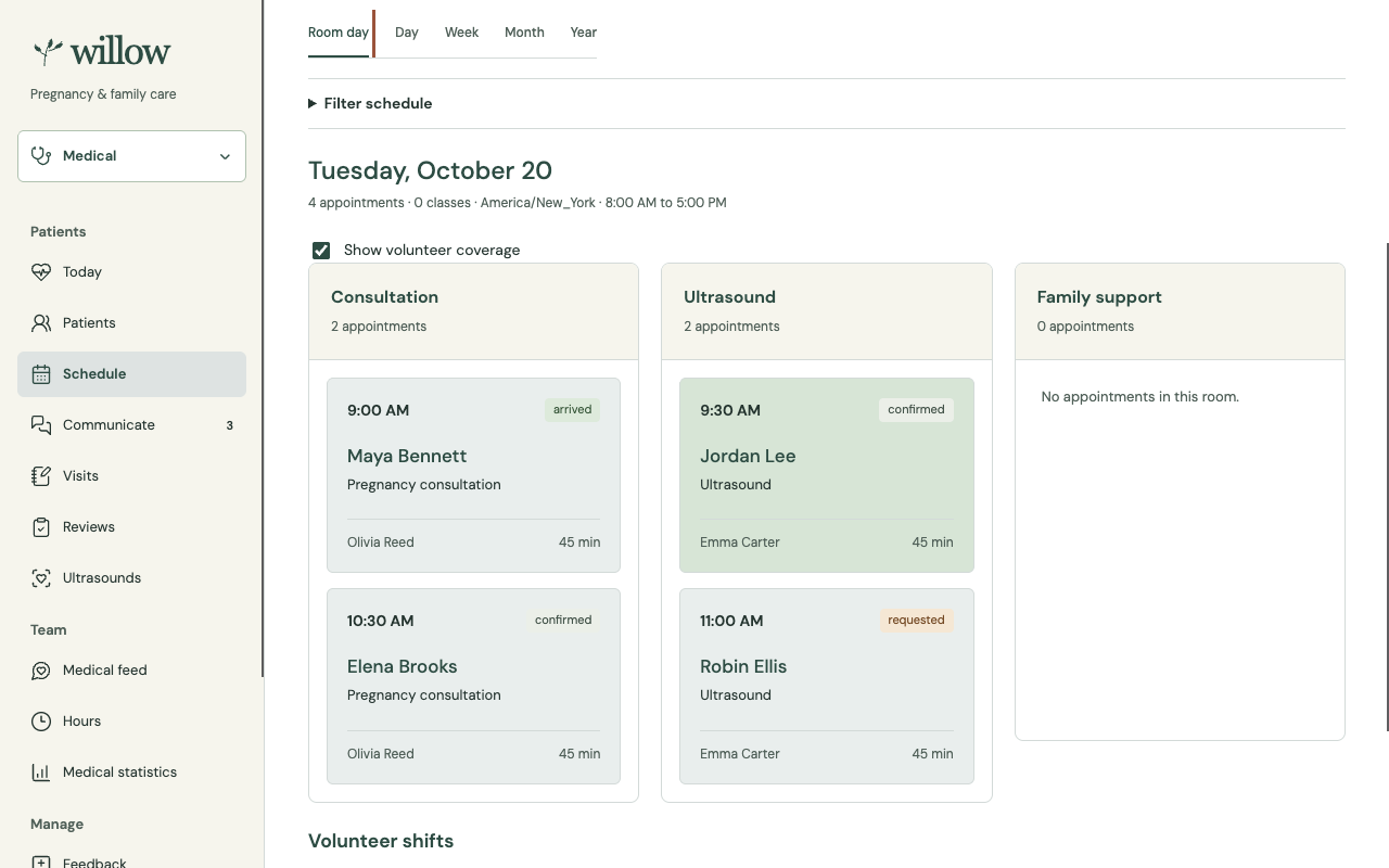 Willow's workspace, with the center's own identity and team tools.